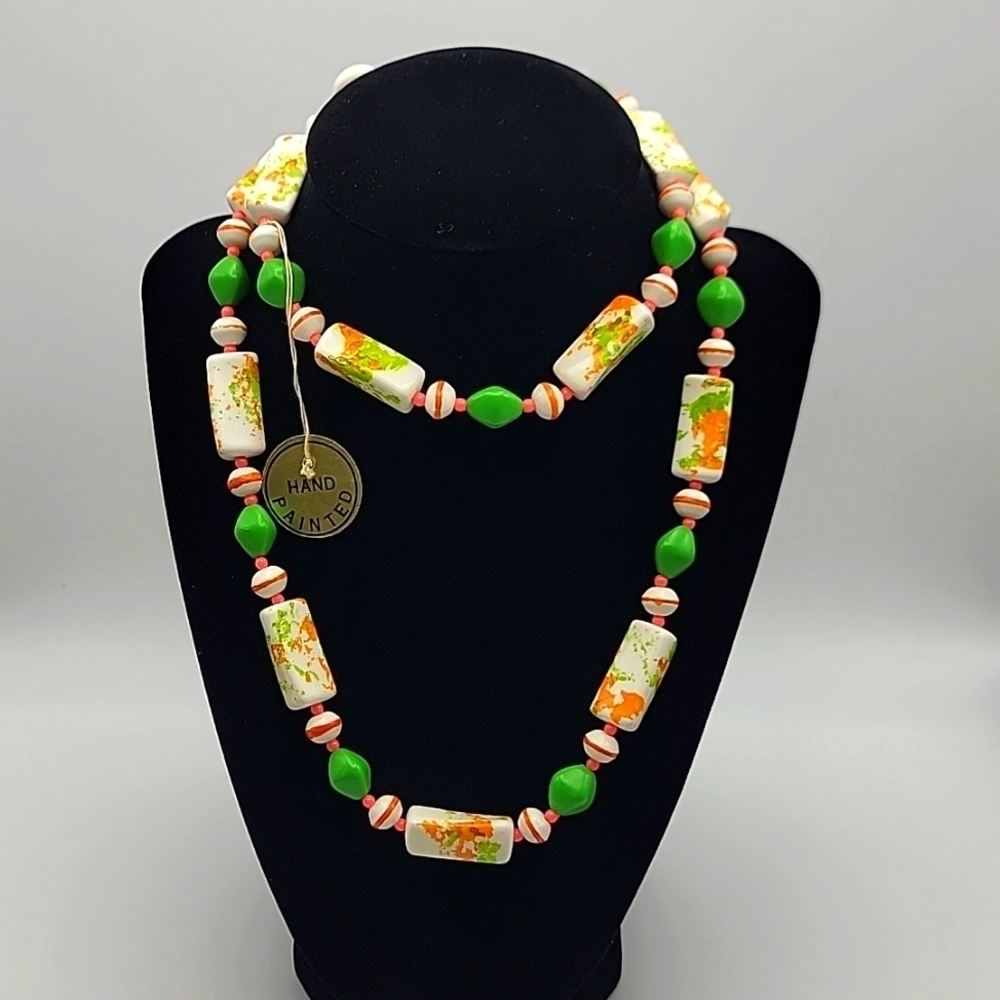 NOS Hong Kong Gold Tone 29" Costume Hand Painted Necklace VTG Triangular Lucite